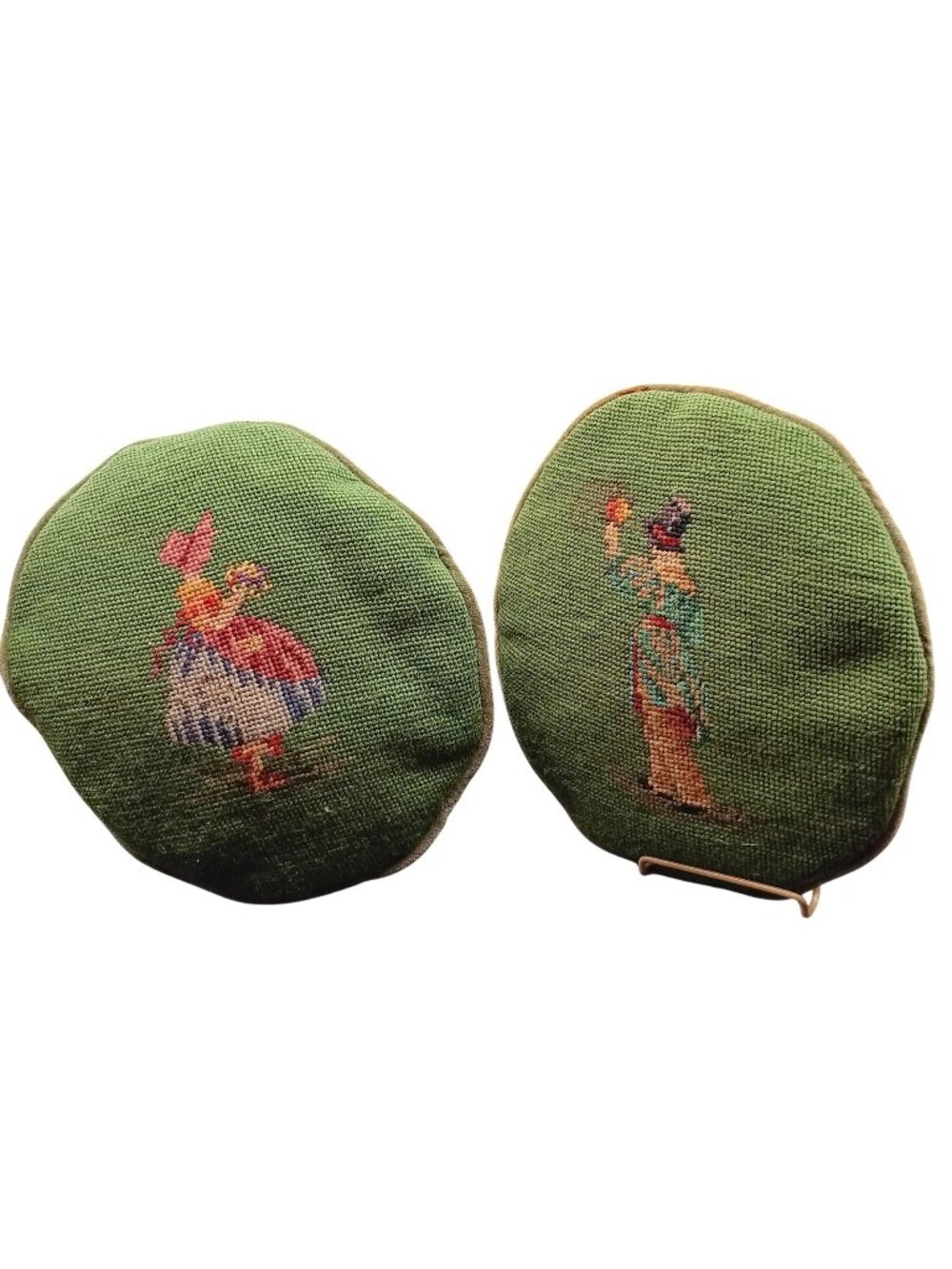 Vintage Needlepoint Cushion Pair with Green Velvet Fabric & Folk Art Figures Han